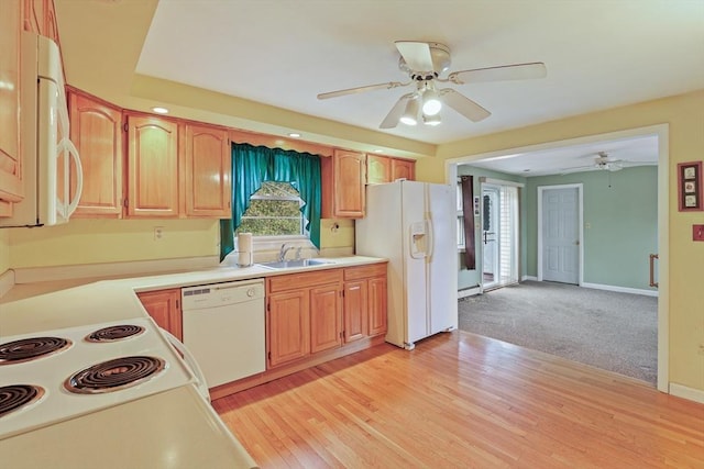 20 Amherst St, Grafton, MA 01536 - kitchen with white appliances, a ceiling fan, a sink, light countertops, and baseboards