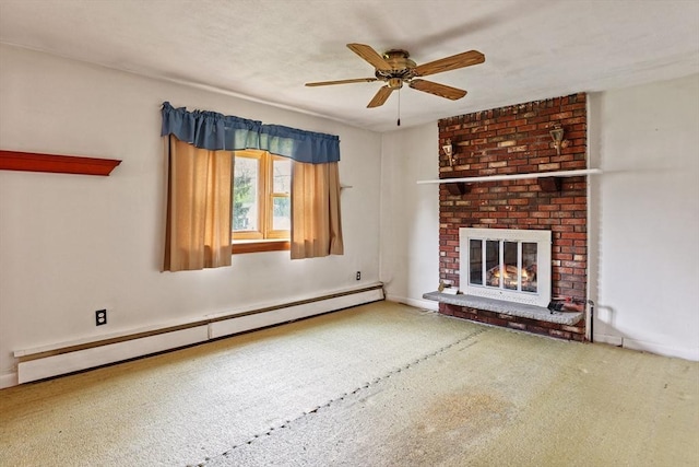 20 Amherst St, Grafton, MA 01536 - unfurnished living room featuring a baseboard radiator, a ceiling fan, a brick fireplace, and carpet flooring
