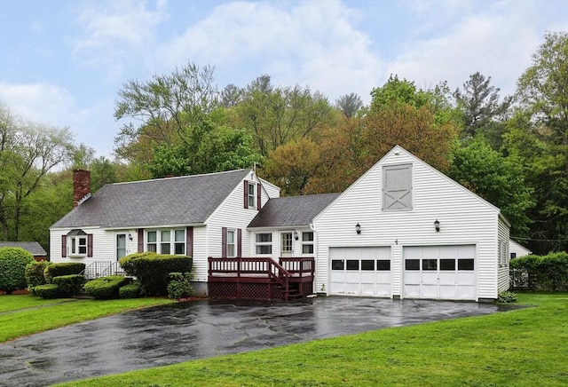 20 Amherst St, Grafton, MA 01536 - cape cod house with asphalt driveway, a front yard, a chimney, a shingled roof, and a deck
