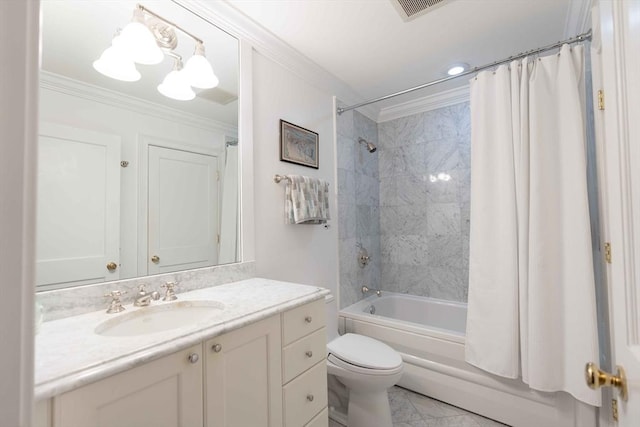 full bathroom with crown molding, vanity, shower / bath combination with curtain, and toilet