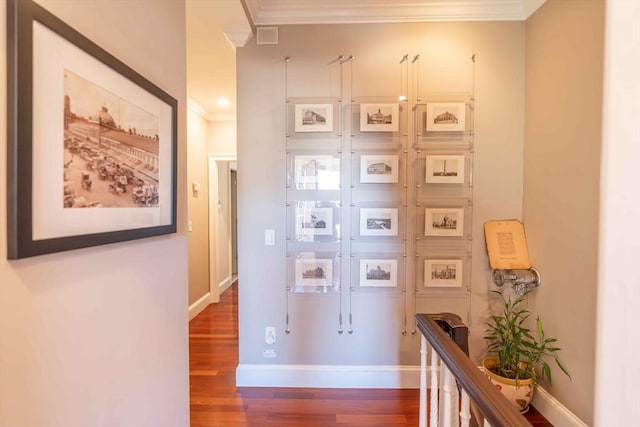 hall with crown molding and dark hardwood / wood-style floors