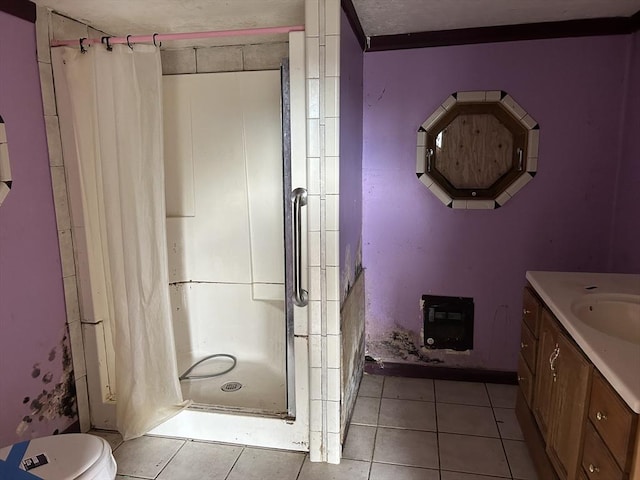 bathroom with tile patterned floors, crown molding, a textured ceiling, vanity, and a shower with shower curtain