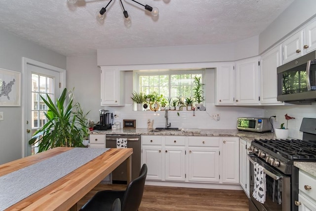 3 Treasure Way Unit 3, Ashland, MA 01721 - kitchen with stainless steel appliances, a textured ceiling, dark wood-style flooring, light stone counters, and white cabinetry