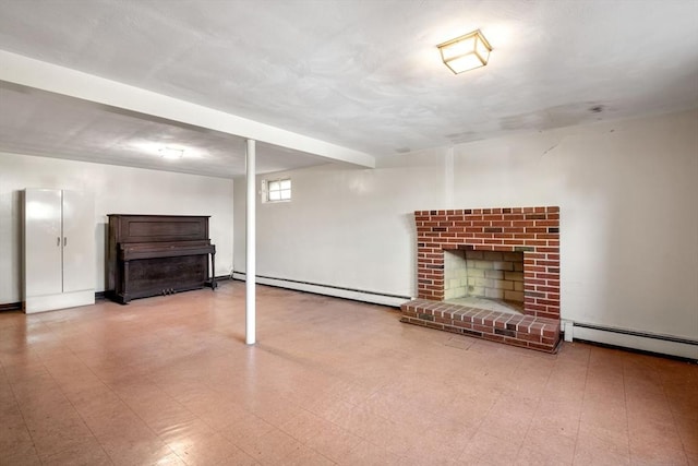 below grade area with a fireplace, tile patterned floors, and a baseboard radiator