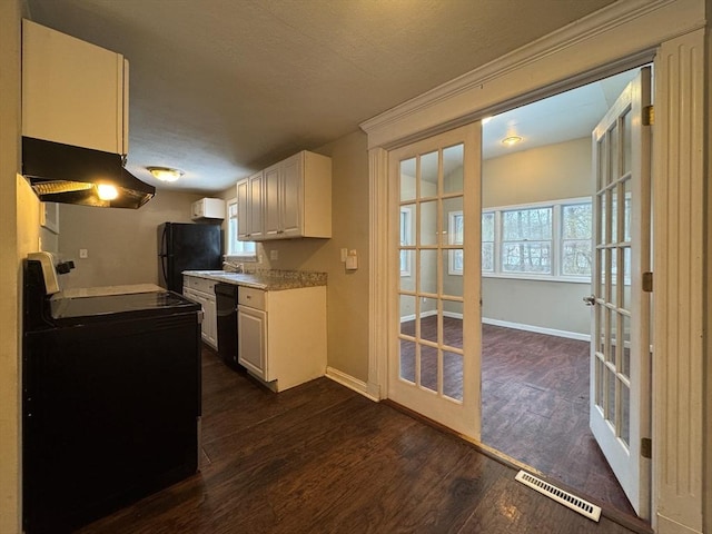 2248 Washington St, East Bridgewater, MA 02333 - kitchen featuring visible vents, dark wood finished floors, island exhaust hood, french doors, and black appliances