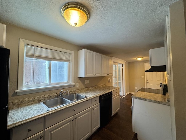 2248 Washington St, East Bridgewater, MA 02333 - kitchen featuring dark wood-type flooring, white cabinetry, a sink, a textured ceiling, and black appliances