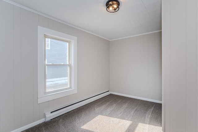 unfurnished room featuring carpet, a baseboard heating unit, baseboards, and ornamental molding