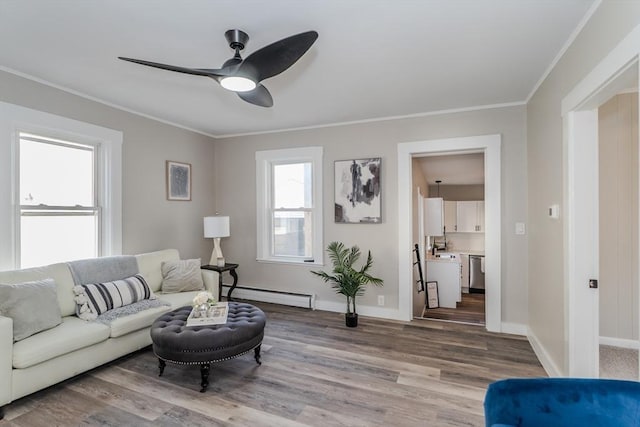 living room featuring baseboards, a baseboard radiator, ceiling fan, wood finished floors, and crown molding