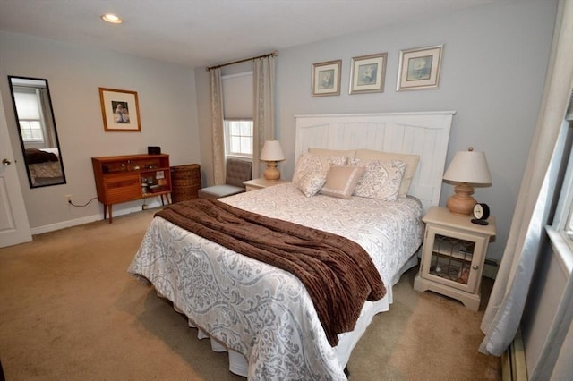 carpeted bedroom featuring recessed lighting and baseboards