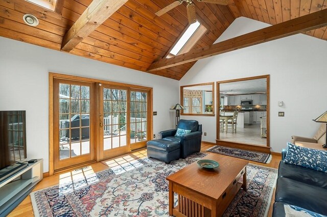 living room with a skylight, a ceiling fan, beamed ceiling, wood finished floors, and wooden ceiling