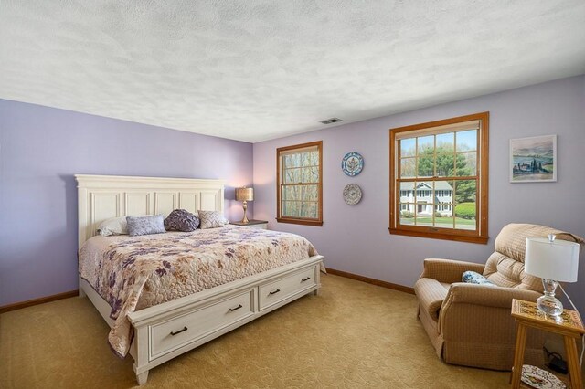 bedroom featuring light carpet, baseboards, and a textured ceiling