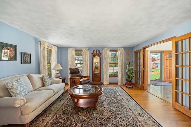 living area with wood finished floors and a textured ceiling