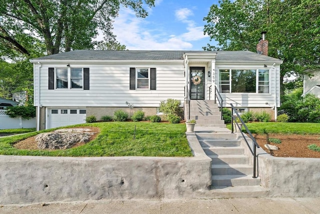 359 Corey St, Boston, MA 02132 - view of front of property featuring a garage, a chimney, and a front yard
