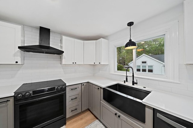 359 Corey St, Boston, MA 02132 - kitchen with black / electric stove, wall chimney exhaust hood, a sink, stainless steel dishwasher, and backsplash