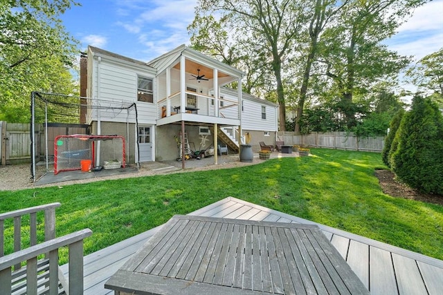 359 Corey St, Boston, MA 02132 - back of property featuring a ceiling fan, a wooden deck, and stairway