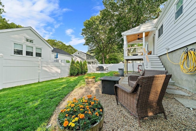 359 Corey St, Boston, MA 02132 - view of patio / terrace featuring stairs, an outdoor fire pit, and a ceiling fan