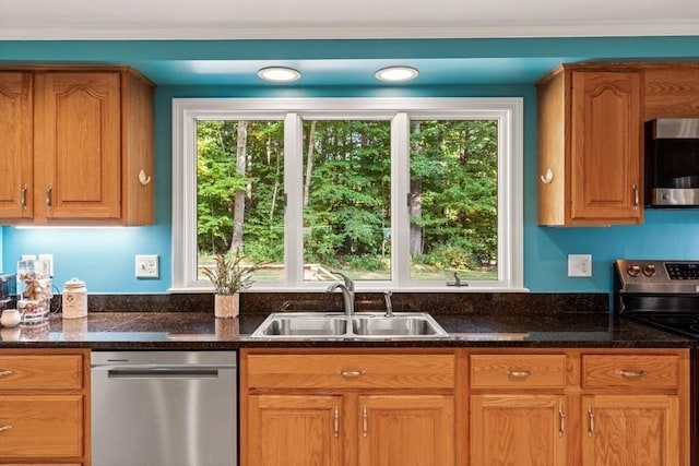 5 Plouff Ln, Exeter, NH 03833 - kitchen featuring stainless steel appliances, a sink, and dark stone counters