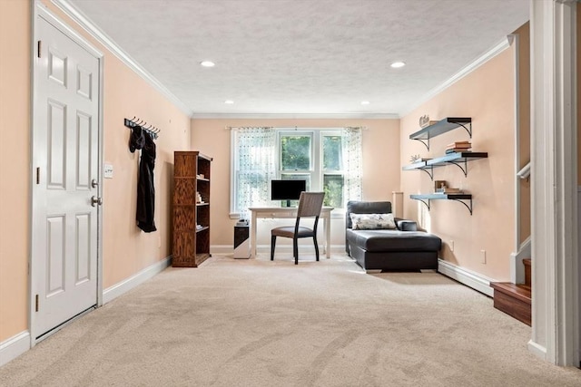 5 Plouff Ln, Exeter, NH 03833 - carpeted home office with a baseboard radiator, baseboards, ornamental molding, recessed lighting, and a textured ceiling