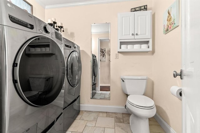 5 Plouff Ln, Exeter, NH 03833 - bathroom with washing machine and dryer, baseboards, crown molding, toilet, and stone finish flooring