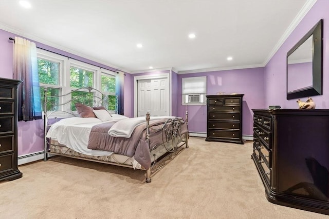 5 Plouff Ln, Exeter, NH 03833 - bedroom with ornamental molding, light colored carpet, a closet, recessed lighting, and a baseboard heating unit