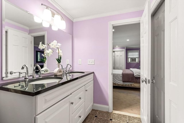 5 Plouff Ln, Exeter, NH 03833 - ensuite bathroom with granite floors, baseboards, double vanity, ornamental molding, and recessed lighting