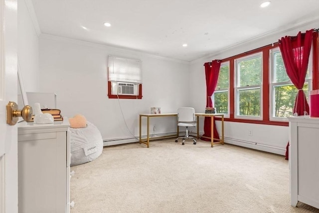 5 Plouff Ln, Exeter, NH 03833 - bedroom with carpet flooring, ornamental molding, a baseboard radiator, cooling unit, and recessed lighting