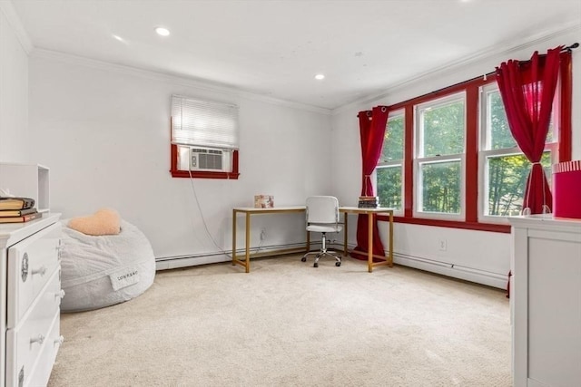 5 Plouff Ln, Exeter, NH 03833 - carpeted office featuring a baseboard heating unit, crown molding, cooling unit, and recessed lighting