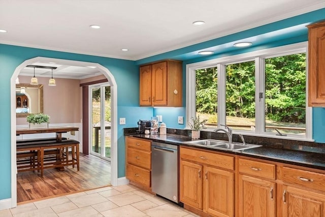 5 Plouff Ln, Exeter, NH 03833 - kitchen featuring stainless steel dishwasher, a sink, crown molding, recessed lighting, and brown cabinetry