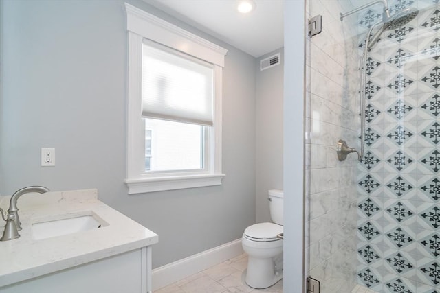 full bathroom with visible vents, baseboards, toilet, and a stall shower