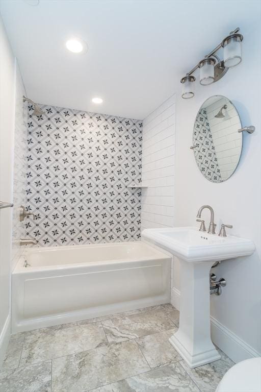 full bathroom featuring recessed lighting, shower / tub combination, and toilet