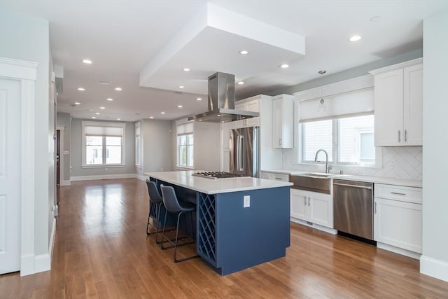 kitchen with a sink, white cabinets, stainless steel appliances, and island range hood