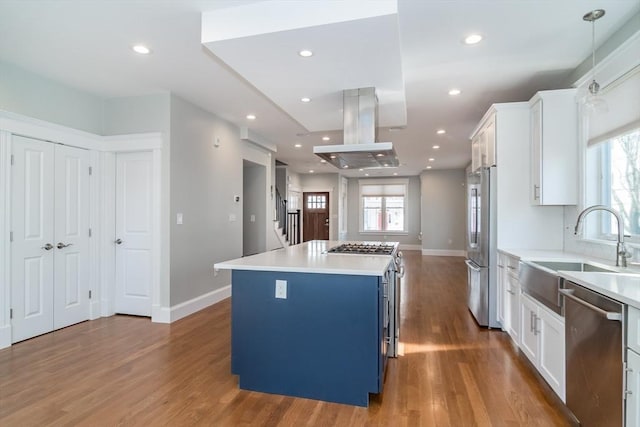 kitchen with island exhaust hood, stainless steel appliances, white cabinetry, and a sink