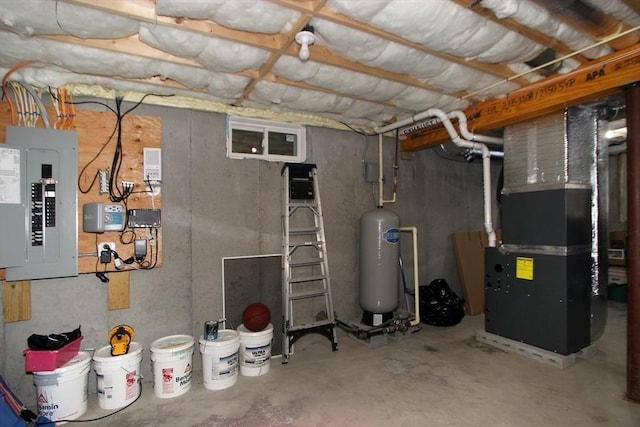 utility room with water heater, electric panel, and heating unit