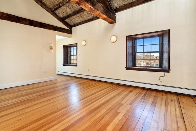 spare room with baseboard heating, lofted ceiling with beams, and light hardwood / wood-style flooring