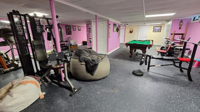 recreation room with a drop ceiling and pool table