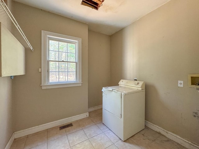 laundry area with baseboards, washer / dryer, laundry area, and visible vents