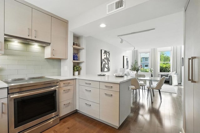 109 Governor Winthrop Rd Unit 109, Somerville, MA 02145 - kitchen featuring stainless steel range with electric cooktop, a peninsula, light countertops, dark wood-style floors, and recessed lighting
