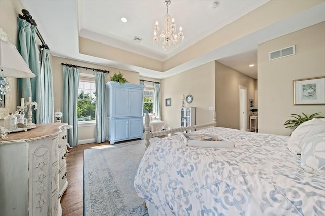 31 Chittenden Ln Unit 31, Cohasset, MA 02025 - bedroom with a chandelier, wood finished floors, crown molding, and recessed lighting