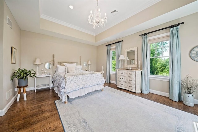 31 Chittenden Ln Unit 31, Cohasset, MA 02025 - bedroom featuring a chandelier, dark wood-style floors, crown molding, and a raised ceiling