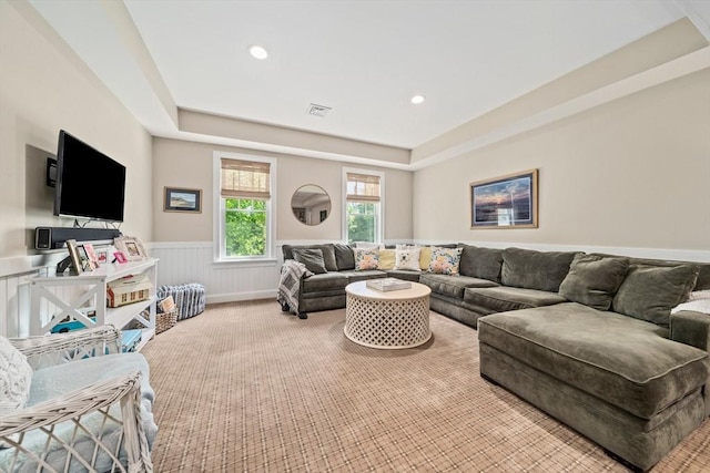 31 Chittenden Ln Unit 31, Cohasset, MA 02025 - carpeted living area with wainscoting, recessed lighting, and a tray ceiling