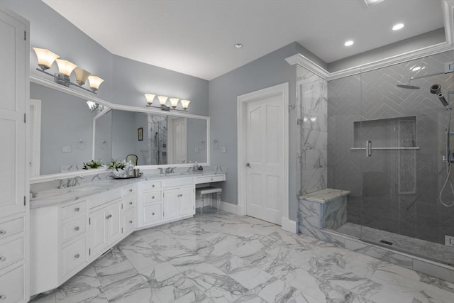 11 Fairway Dr, Andover, MA 01810 - full bathroom featuring marble look tiles, a marble finish shower, double vanity, and recessed lighting