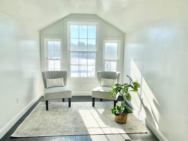 206 W Main Unit 3, Georgetown, MA 01833 - sitting room featuring plenty of natural light, vaulted ceiling, baseboards, and dark wood-style floors