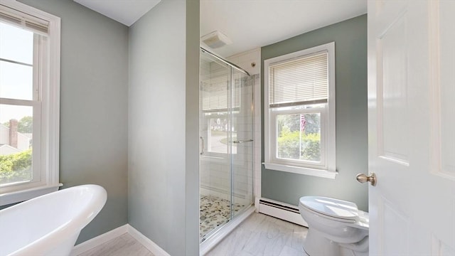 12 Prouty Ln, Rutland, MA 01543 - bathroom featuring baseboard heating, a stall shower, a soaking tub, toilet, and baseboards