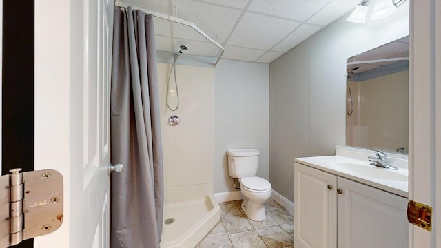 12 Prouty Ln, Rutland, MA 01543 - full bathroom with a paneled ceiling, toilet, a stall shower, vanity, and tile patterned floors