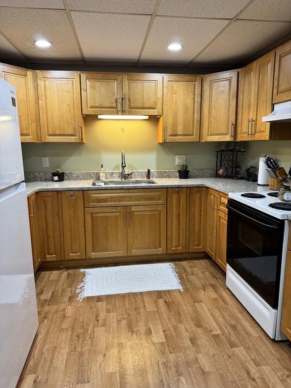 16 Richards Ave Unit 106, North Attleboro, MA 02760 - kitchen featuring freestanding refrigerator, light countertops, electric range oven, a sink, and light wood-style flooring