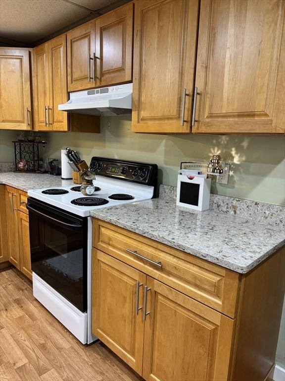 16 Richards Ave Unit 106, North Attleboro, MA 02760 - kitchen with brown cabinets, light stone counters, light wood-style floors, electric range oven, and under cabinet range hood