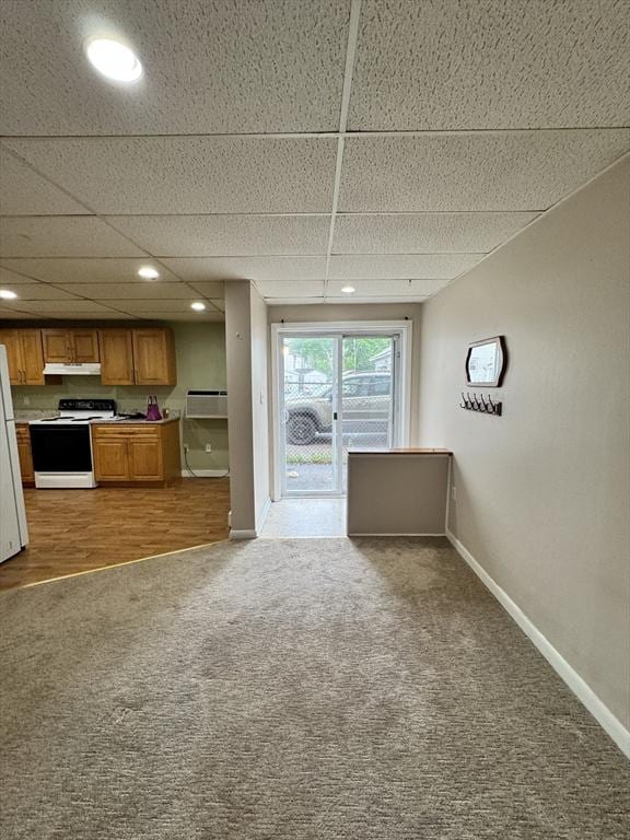 16 Richards Ave Unit 106, North Attleboro, MA 02760 - kitchen featuring freestanding refrigerator, open floor plan, carpet floors, electric range, and under cabinet range hood