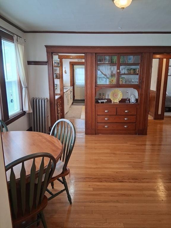 49-51 Sterling St, Somerville, MA 02144 - dining space with radiator heating unit, light wood-style flooring, and ornamental molding