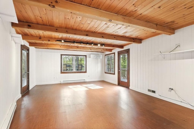 spare room featuring baseboard heating, wood finished floors, beamed ceiling, wooden ceiling, and a baseboard heating unit