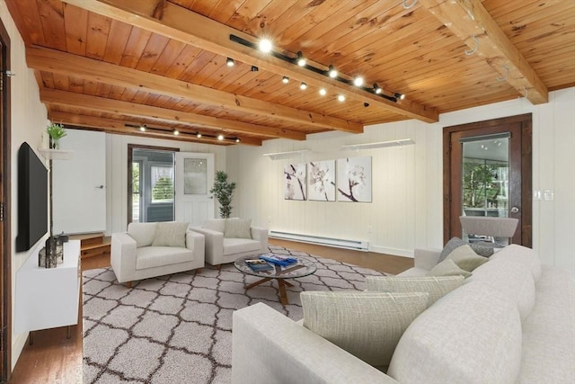 living area with baseboard heating, wood finished floors, rail lighting, beam ceiling, and wood ceiling